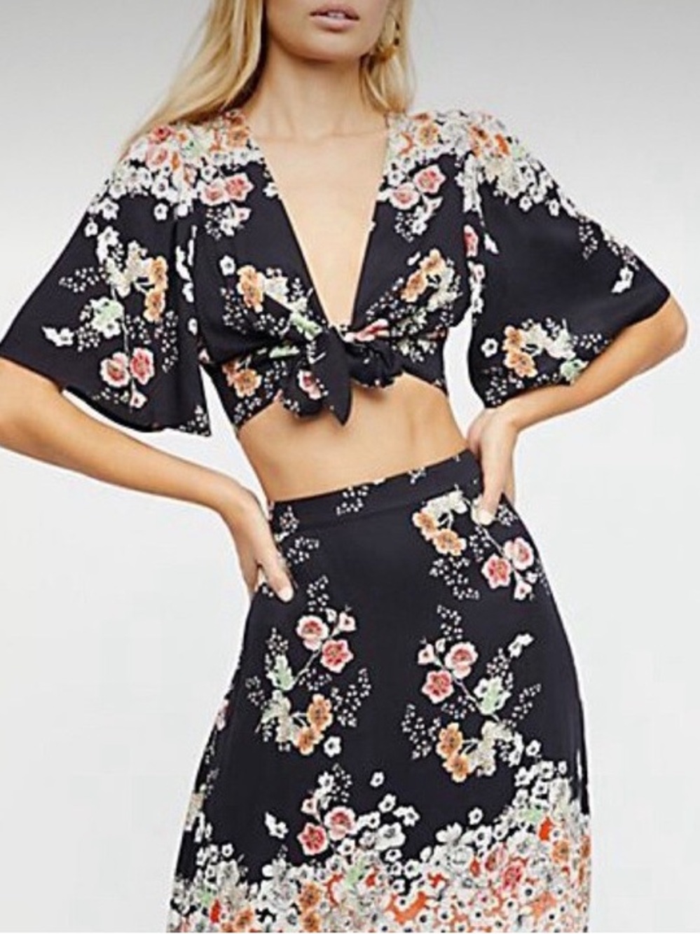 Free People Wildwood Floral Crop Top Tie Front Short Sleeve Bohemian Shirt